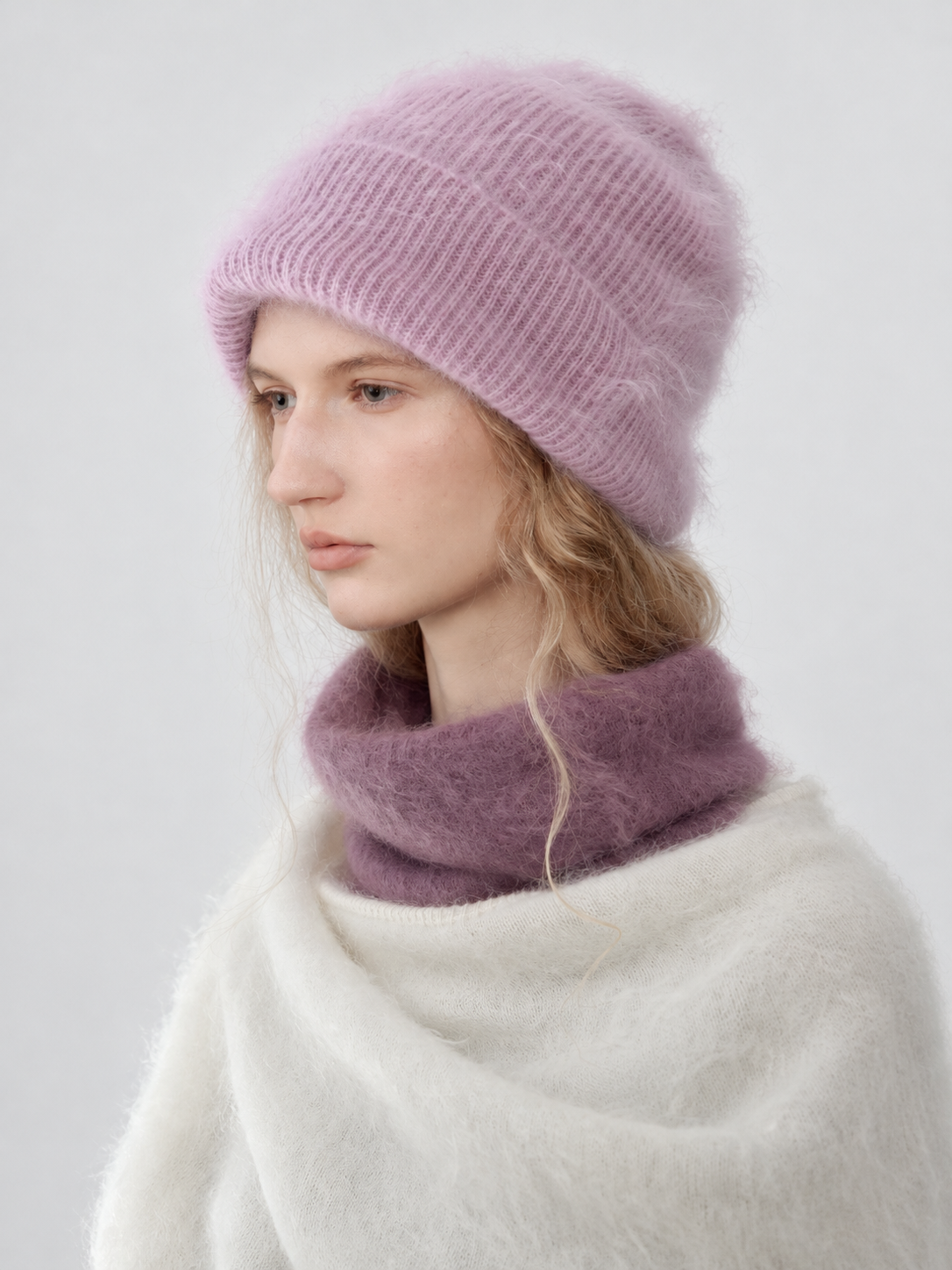 Acorn — lilac brushed cashmere beanie — model wearing view