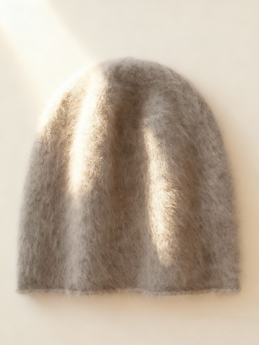 Brushed cashmere beanie in natural light
